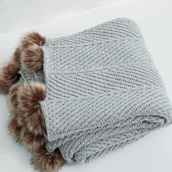 Chenille Throw with Pom Poms - 51
