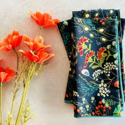 Floral Cotton Napkin Set of 4 — Navy with Coral