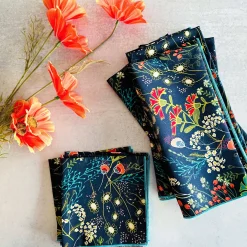 Floral Cotton Napkin Set of 4 — Navy with Coral