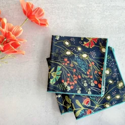 Floral Cotton Napkin Set of 4 — Navy with Coral