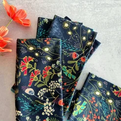 Floral Cotton Napkin Set of 4 — Navy with Coral