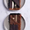 Reversible Fringe Cotton Dinner Napkins in Amber and Black